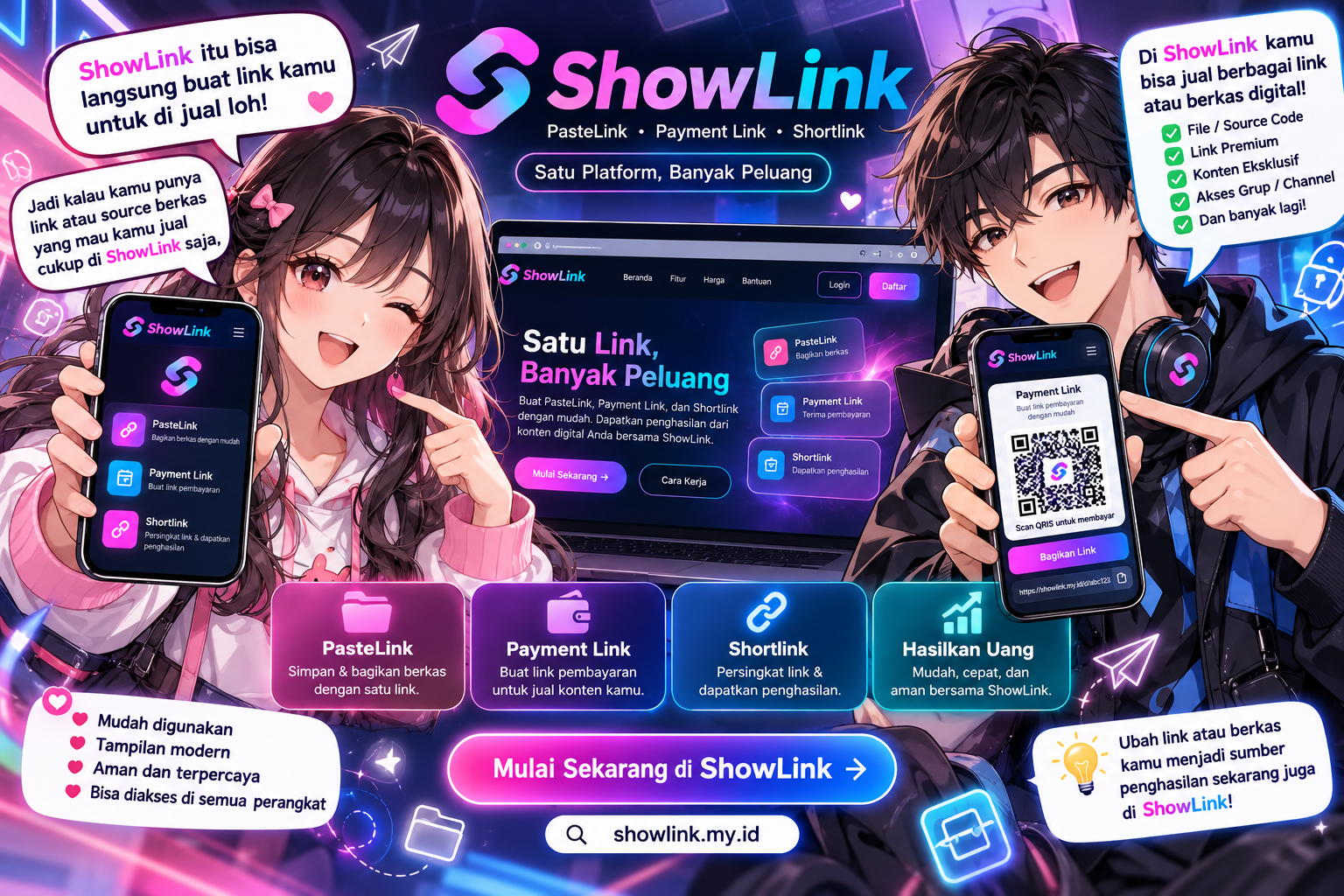 Ilustrasi anime cowok dan cewek mempromosikan platform ShowLink