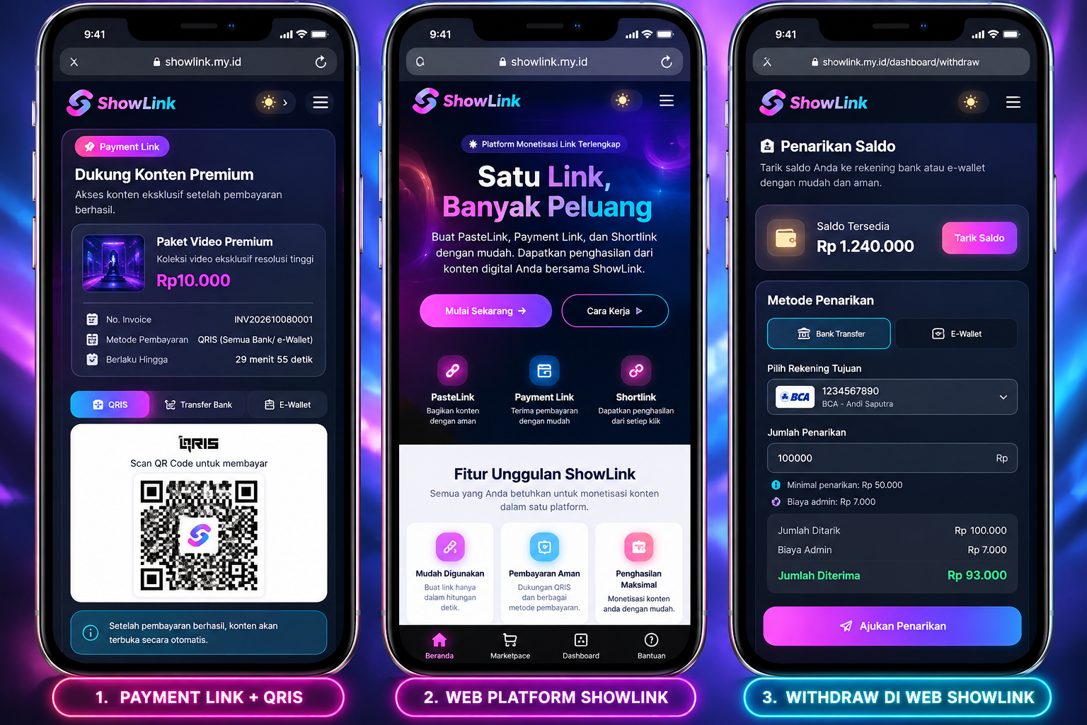 Tiga iPhone menampilkan Payment Link QRIS, platform ShowLink, dan halaman withdraw